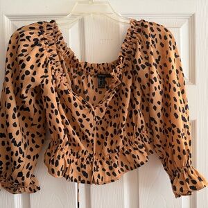 Forever 21 Tan Leopard Print Puff Sleeve Crop Top with Black Spots
